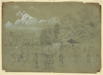 President Lincoln en Genl. Scott beoordelen 3 jaar regiment op Penn Ave. 1861 door Alfred Rudolph Waud